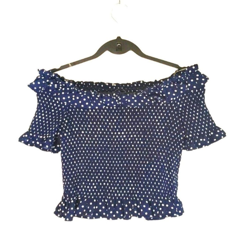Biashe Womens Top Blue L Off-the-Shoulder Polka Dot Top New - Picture 4 of 4